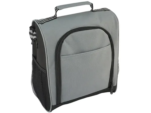 Bolsa Lonchera Térmica Bruce color gris con interior insulado, bolsillos de malla y correa ajustable.