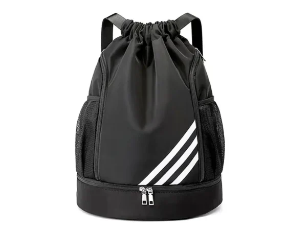 Backpack Bikila impermeable en color negro y azul con compartimento inferior independiente y correas acojinadas para staff automotriz. Negra