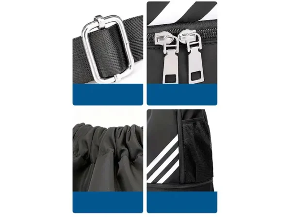 Backpack Bikila impermeable en color negro y azul con compartimento inferior independiente y correas acojinadas para staff automotriz. Detalles