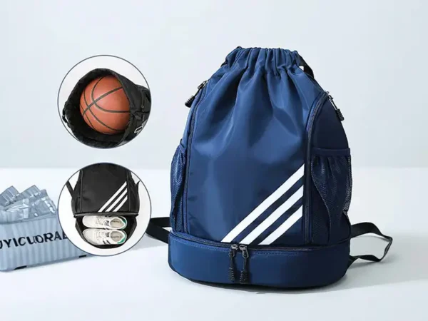 Backpack Bikila impermeable en color negro y azul con compartimento inferior independiente y correas acojinadas para staff automotriz. Diferentes usos.