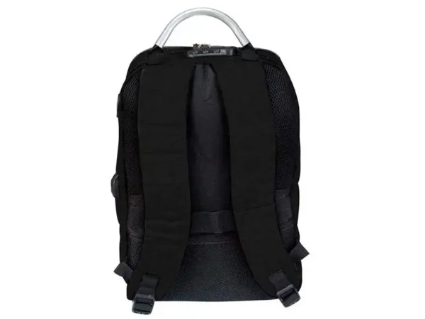 Backpack Lebron de nylon waterproof negro con salida USB, candado de seguridad y sistema trolley. Foto parte trasera