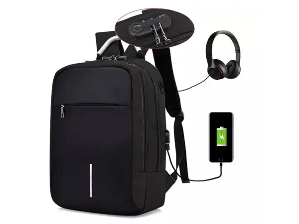 Backpack Lebron de nylon waterproof negro con salida USB, candado de seguridad y sistema trolley. Accesorios