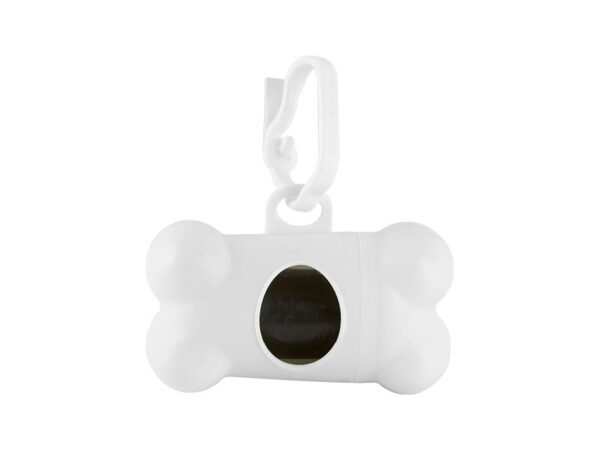 Dispensador Bone de plástico en forma de hueso con gancho y rollo de 20 bolsas para desechos de mascotas.