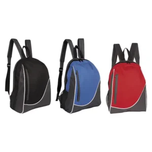 Mochila Mauritania de poliéster con bolsa principal y frontal con cierre y bolsillo lateral de red en colores rojo, azul y negro