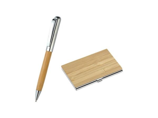 Set Daraya de bambú y metal con bolígrafo y tarjetero personalizado, kit ejecutivo sustentable para eventos empresariales en caja individual de regalo.