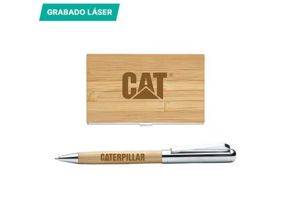 Set Daraya de bambú y metal con bolígrafo y tarjetero personalizado, kit ejecutivo sustentable para eventos empresariales en caja individual de regalo.