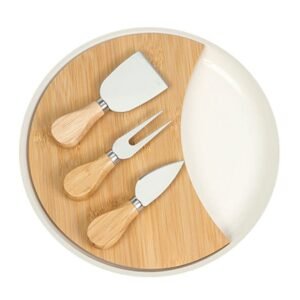 Set Rizzuto para quesos con plato de cerámica, tabla de bambú y 3 herramientas de acero inoxidable, regalo corporativo de alta gama para branding personalizado.