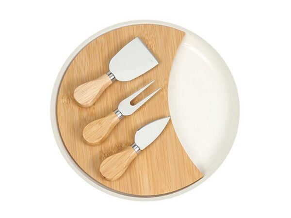Set Rizzuto para quesos con plato de cerámica, tabla de bambú y 3 herramientas de acero inoxidable, regalo corporativo de alta gama para branding personalizado.