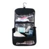 Necessaire colgante de poliéster 600D con múltiples compartimentos transparentes y red para viajes corporativos.