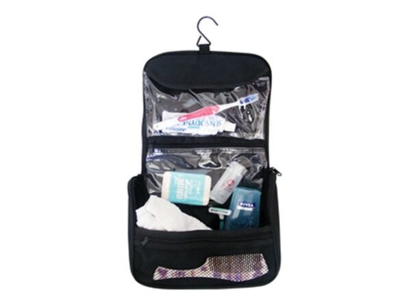 Necessaire colgante de poliéster 600D con múltiples compartimentos transparentes y red para viajes corporativos.