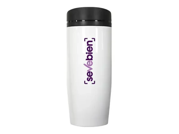 Mug Bronx 350 ml de acero inoxidable, vista frontal, personalizado con logotipo para empresa. Color blanco Muestra de impresión