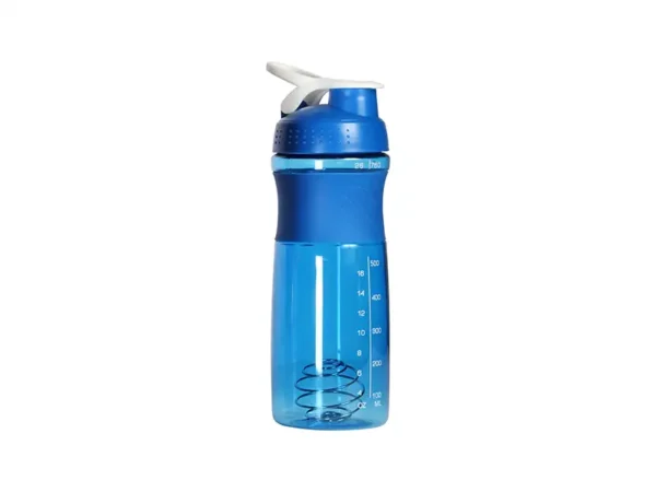 Botella Mezcladora de Tritan de 760 ml con medidor, agitador metálico y agarradera de silicón para deporte.