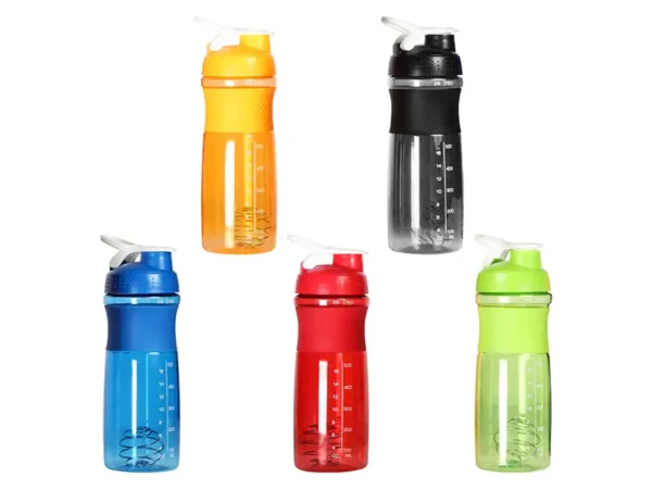 Botella Mezcladora de Tritan de 760 ml con medidor, agitador metálico y agarradera de silicón para deporte.
