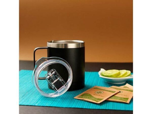 Taza de acero inoxidable doble pared acabado mate con tapa transparente para regalos institucionales