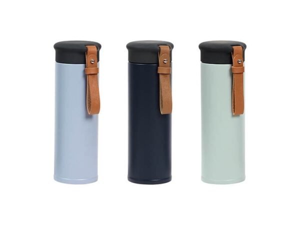 Termo Legazpi de acero inoxidable con doble pared y correa de piel para branding corporativo