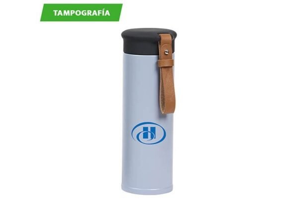 Termo Legazpi de acero inoxidable con doble pared y correa de piel para branding corporativo