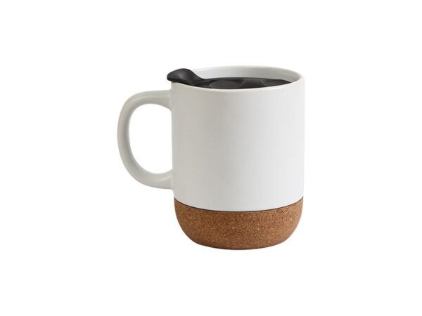 Taza Manado de cerámica 400 ml con base de corcho natural y tapa deslizable, taza personalizada para oficina y regalos corporativos de diseño contemporáneo.