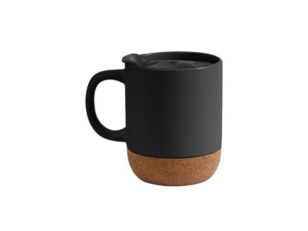 Taza Manado de cerámica 400 ml con base de corcho natural y tapa deslizable, taza personalizada para oficina y regalos corporativos de diseño contemporáneo.