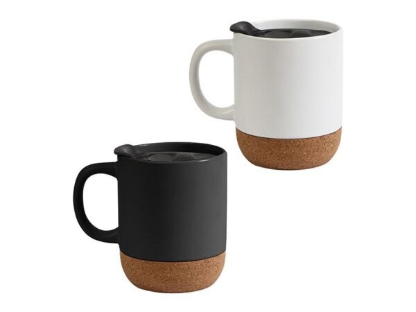 Taza Manado de cerámica 400 ml con base de corcho natural y tapa deslizable, taza personalizada para oficina y regalos corporativos de diseño contemporáneo.