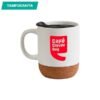 Taza Manado de cerámica 400 ml con base de corcho natural y tapa deslizable, taza personalizada para oficina y regalos corporativos de diseño contemporáneo.