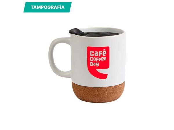 Taza Manado de cerámica 400 ml con base de corcho natural y tapa deslizable, taza personalizada para oficina y regalos corporativos de diseño contemporáneo.