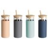 Cilindro Sorong de vidrio de borosilicato 450 ml con manga de silicón, tapa y popote de bambú, botella personalizada para equipos comerciales y fuerza de ventas.
