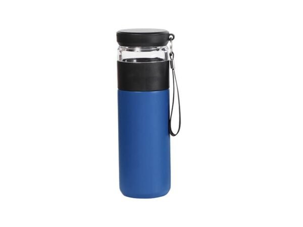 Termo Gallico de acero inoxidable 500 ml con taza de vidrio y colador de infusiones, termo personalizado para onboarding corporativo con correa de transporte.
