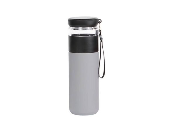 Termo Gallico de acero inoxidable 500 ml con taza de vidrio y colador de infusiones, termo personalizado para onboarding corporativo con correa de transporte.