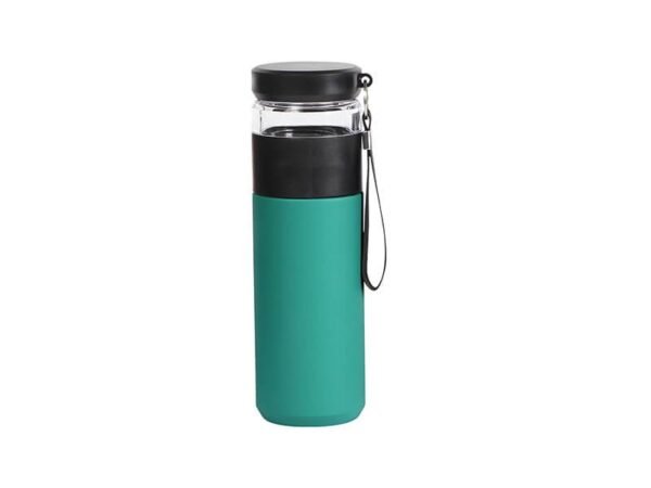 Termo Gallico de acero inoxidable 500 ml con taza de vidrio y colador de infusiones, termo personalizado para onboarding corporativo con correa de transporte.