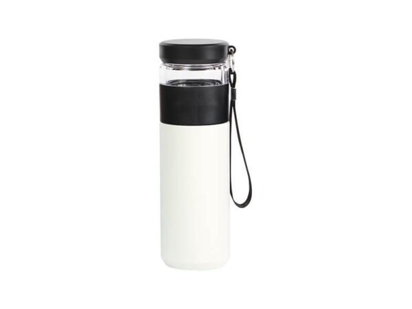 Termo Gallico de acero inoxidable 500 ml con taza de vidrio y colador de infusiones, termo personalizado para onboarding corporativo con correa de transporte.