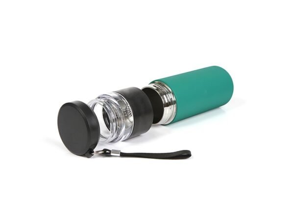 Termo Gallico de acero inoxidable 500 ml con taza de vidrio y colador de infusiones, termo personalizado para onboarding corporativo con correa de transporte.