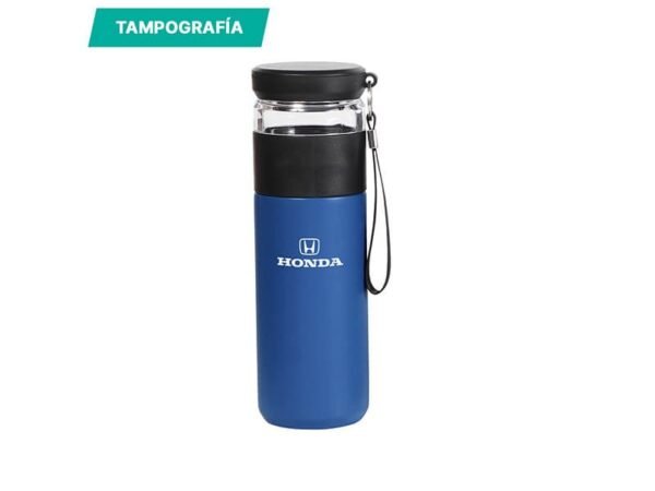 Termo Gallico de acero inoxidable 500 ml con taza de vidrio y colador de infusiones, termo personalizado para onboarding corporativo con correa de transporte.