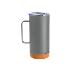 Taza Montallegro térmica de acero inoxidable 470ml con base de corcho natural, cilindro corporativo personalizado con tapa deslizable para clientes y proveedores.