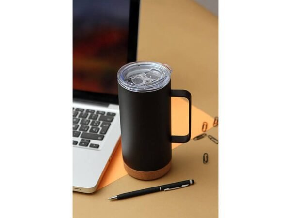 Taza Montallegro térmica de acero inoxidable 470ml con base de corcho natural, cilindro corporativo personalizado con tapa deslizable para clientes y proveedores.