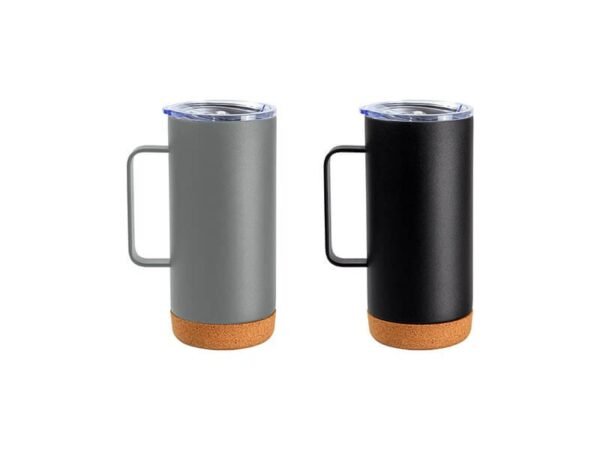 Taza Montallegro térmica de acero inoxidable 470ml con base de corcho natural, cilindro corporativo personalizado con tapa deslizable para clientes y proveedores.