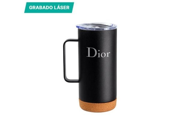 Taza Montallegro térmica de acero inoxidable 470ml con base de corcho natural, cilindro corporativo personalizado con tapa deslizable para clientes y proveedores.