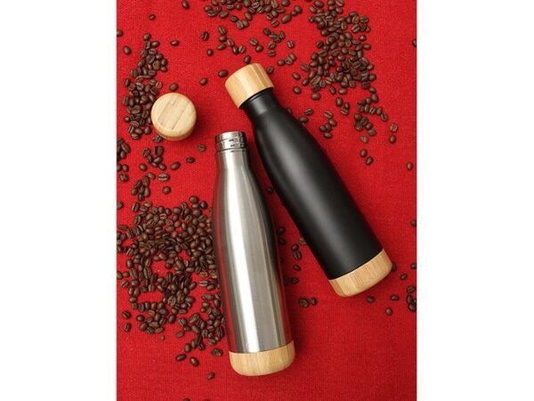 Botella Agrigento de acero inoxidable 500ml con tapa y base de bambú natural, cilindro térmico doble pared para campañas ecológicas corporativas.