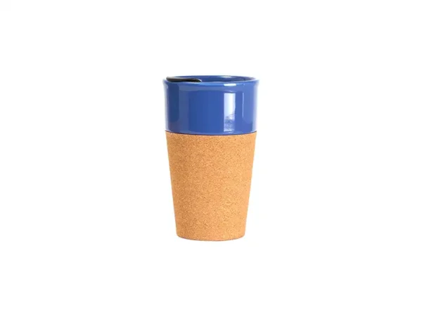 Vaso Tofanello de cerámica de 400 ml con base de corcho natural y tapa abre fácil en color azul.