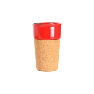 Vaso Promocional Tofanello de cerámica de 400 ml con base de corcho natural y tapa abre fácil en color rojo.