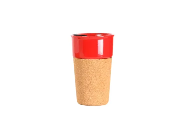 Vaso Promocional Tofanello de cerámica de 400 ml con base de corcho natural y tapa abre fácil en color rojo.