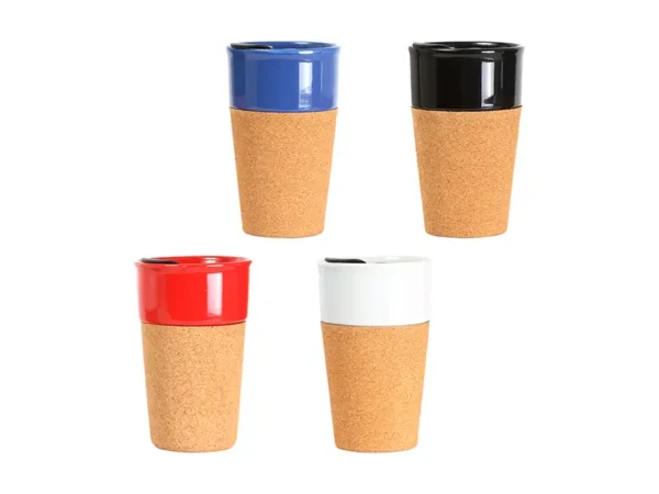 Vaso Tofanello de cerámica de 400 ml con base de corcho natural y tapa abre fácil. Muestra de colores.
