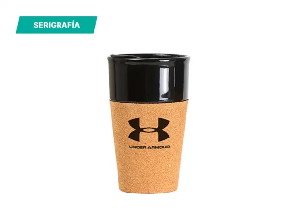 Vaso Tofanello de cerámica de 400 ml con base de corcho natural y tapa abre fácil en color Negro, muestra de impresión.