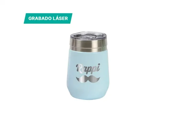 Vaso Frascati de acero inoxidable doble pared 350 ml con tapa transparente y broche. Muestra impresión