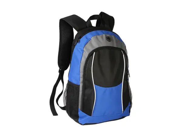 Mochila Astoria tipo backpack en color azul con bolsa de red lateral y salida para audífonos