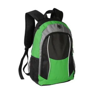 Mochila Astoria, tipo backpack en color verde con bolsa de red lateral y salida para audífonos