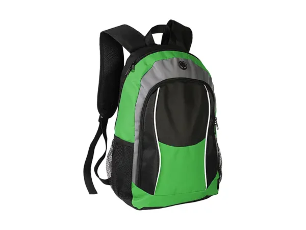 Mochila Astoria, tipo backpack en color verde con bolsa de red lateral y salida para audífonos
