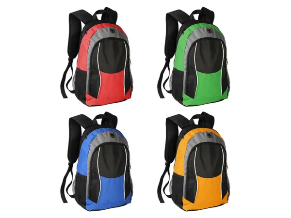 Mochila Astoria tipo backpack con bolsa de red lateral y salida para audífonos. Colores disponibles