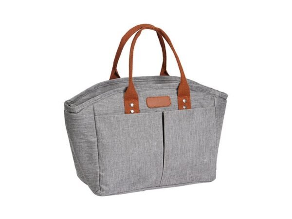 Bolsa térmica Cirella de poliéster y curpiel con forro de aluminio, lonchera ejecutiva personalizada para colaboradores y personal interno 31x18 cm.