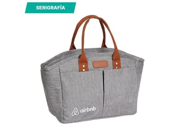 Bolsa térmica Cirella de poliéster y curpiel con forro de aluminio, lonchera ejecutiva personalizada para colaboradores y personal interno 31x18 cm.
