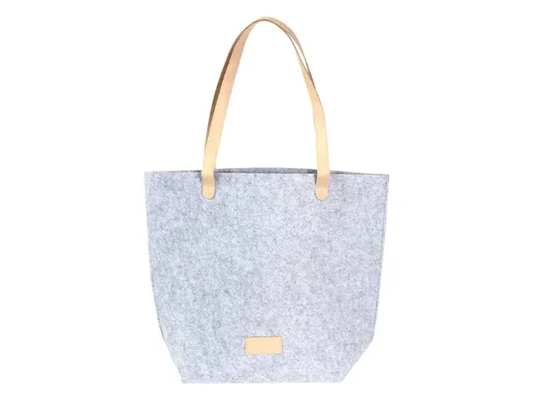 Bolsa Ordino de fieltro gris con detalles en curpiel personalizada para empresas en Querétaro.